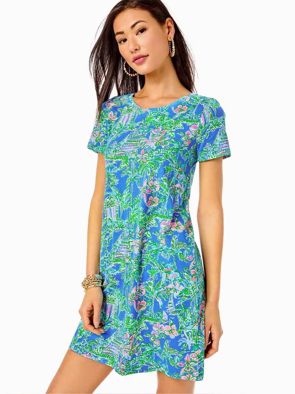 Lilly Pulitzer Hayden Pima Cotton T-Shirt Dress Blue Tropical Print XS